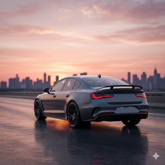 Spoiler takılmış modern otomobilin arka ve yan görünümü, estetik aksesuar blog fotoğrafı